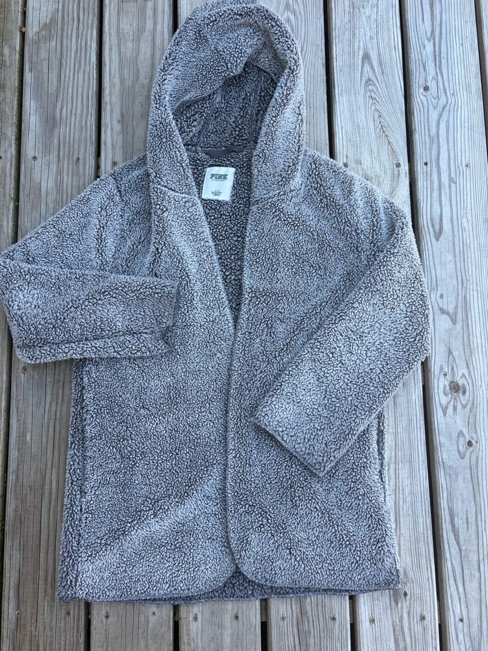 Victorias Secret PINK Sherpa Fleece Hooded Cardigan Grey Open‎ Front Med/large